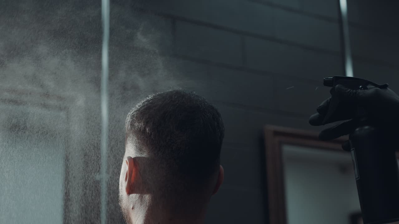 Water mist catching the light over a fresh fade